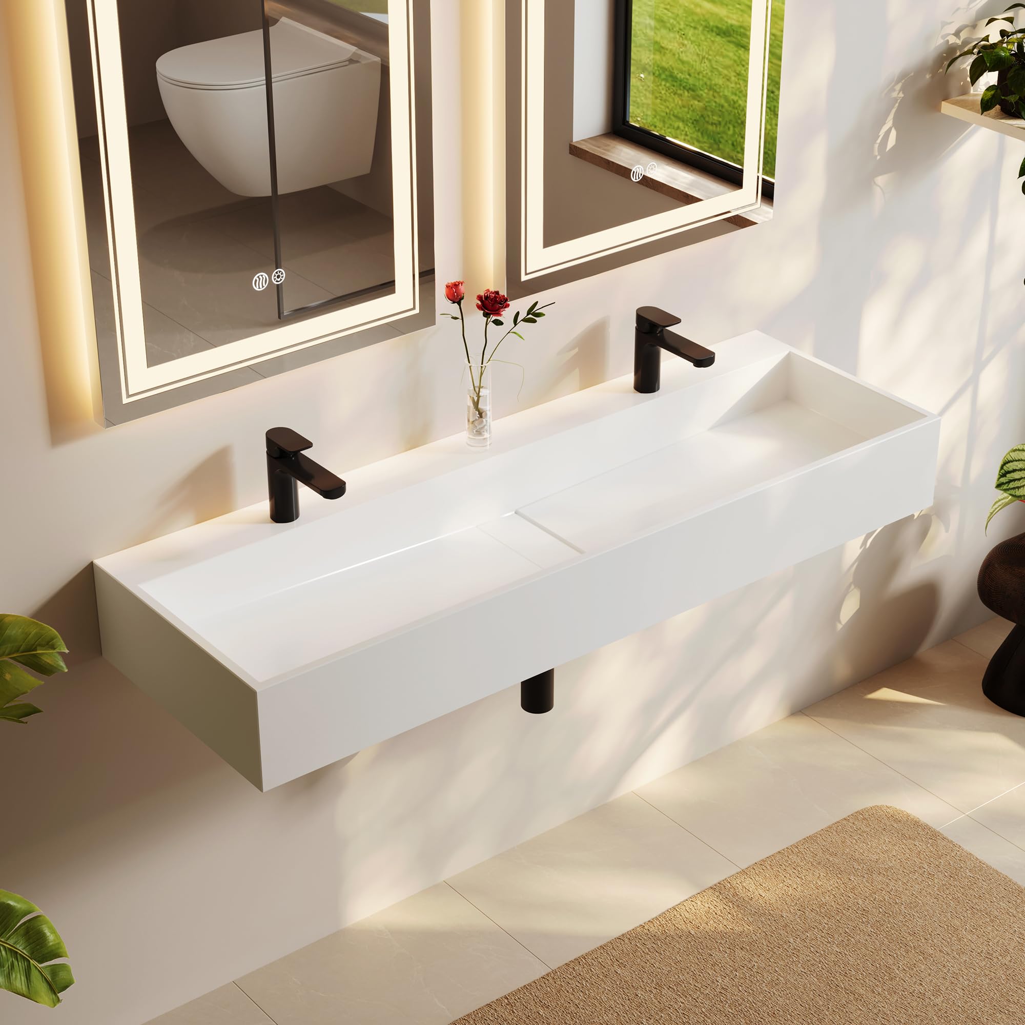 Weibath 47'' Bathroom Vessel Sink Double-Bowl Bathroom Sink Wall